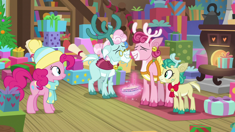 Size: 1280x720 | Tagged: safe, derpibooru import, screencap, alice the reindeer, aurora the reindeer, bori the reindeer, pinkie pie, pony, best gift ever