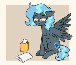 Size: 1163x985 | Tagged: safe, artist:ashidaii, derpibooru import, oc, oc:floral rift, pegasus, pony, female, final exam, mare, paper, sick, solo, tissue box