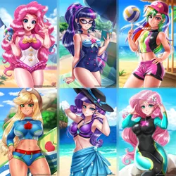 Size: 2320x2320 | Tagged: suggestive, alternate version, artist:racoonsan, derpibooru import, edit, applejack, fluttershy, pinkie pie, rainbow dash, rarity, sci-twi, twilight sparkle, bat pony, human, equestria girls, equestria girls series, forgotten friendship, too hot to handle, abs, anime, applejack's hat, arm behind head, armpits, barrette, beach, beach babe, beautiful, belly button, big breasts, blue swimsuit, blushing, bow swimsuit, breasts, busty fluttershy, clothes, cloud, compilation, cowboy hat, curvy, delicious flat chest, ear piercing, earring, equestria girls outfit, eyeshadow, female, fit, flutterbat, freckles, frilled swimsuit, geode of fauna, geode of shielding, geode of sugar bombs, geode of super speed, geode of super strength, geode of telekinesis, glasses, hairclip, hairpin, hat, human coloration, humane five, humane six, humanized, jewelry, looking at you, magical geodes, makeup, mane six, midriff, nail polish, necklace, ocean, one-piece swimsuit, open mouth, peace sign, piercing, pink swimsuit, ponk, ponytail, race swap, rainbow flat, sand, sarong, sexy, shorts, sitting, skintight clothes, sky, smiling, snowcone, sports, standing, striped swimsuit, stupid sexy applejack, stupid sexy fluttershy, stupid sexy mane six, stupid sexy pinkie, stupid sexy rainbow dash, stupid sexy rarity, stupid sexy twilight, sun hat, surfboard, swimsuit, thighs, tricolor swimsuit, volleyball, wall of tags, water, wet, wetsuit