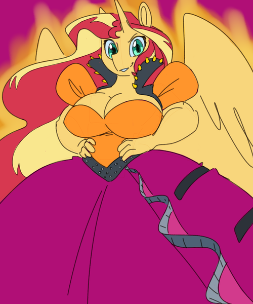 Size: 1000x1200 | Tagged: alicorn, alicornified, anthro, artist:goat train, aura, big breasts, breasts, busty sunset shimmer, clothes, commission, derpibooru import, dress, equestria girls outfit, ethereal mane, gown, impossibly large dress, large wings, patreon, patreon reward, race swap, shimmercorn, skirt, suggestive, sunset shimmer, wings