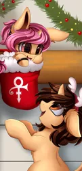 Size: 1519x3133 | Tagged: safe, artist:pridark, derpibooru import, oc, unofficial characters only, pony, unicorn, christmas, christmas stocking, commission, duo, holiday, looking at each other, love symbol, open mouth, prince (musician)