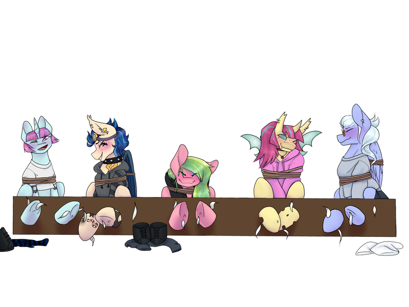 Size: 2732x2048 | Tagged: suggestive, alternate version, anonymous artist, derpibooru import, indigo zap, lemon zest, sour sweet, sugarcoat, sunny flare, ponified, bat pony, changedling, changeling, pegasus, pony, unicorn, bat ponified, bdsm, blushing, bondage, boots, changedlingified, changelingified, choker, clothes, collar, commission, crystal prep shadowbolts, discarded clothing, ear piercing, earring, equestria girls ponified, erotic tickling, eyebrow piercing, eyeshadow, feather, female, females only, femsub, fetish, freckles, frog (hoof), glasses, goggles, hoodie, hoof fetish, hoof tickling, indigobat, jacket, jewelry, leather jacket, makeup, mare, necklace, one eye closed, open mouth, piercing, race swap, rope, rope bondage, shadow five, shirt, shoes, simple background, skirt, socks, species swap, spiked choker, stockings, stocks, striped socks, submissive, sweater, t-shirt, tattoo, thigh highs, tickle fetish, tickle torture, tickling, underhoof, wall of tags, white background