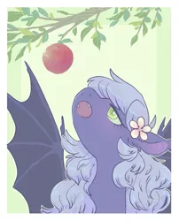 Size: 757x937 | Tagged: safe, artist:amphoera, derpibooru import, oc, oc:nocturne keys, unofficial characters only, bat pony, apple, bat pony oc, bat wings, bust, flower, flower in hair, food, green background, looking at something, looking up, open mouth, portrait, reaching, simple background, solo, spread wings, tree, tree branch, wings