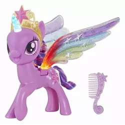 Size: 1500x1500 | Tagged: safe, derpibooru import, official, twilight sparkle, twilight sparkle (alicorn), alicorn, pony, brush, brushable, crown, jewelry, light up, rainbow, rainbow power, rainbow power-ified, regalia, solo, toy