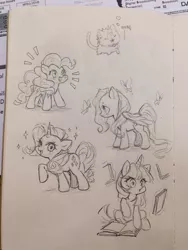 Size: 768x1024 | Tagged: safe, artist:dcon, derpibooru import, fluttershy, pinkie pie, rarity, twilight sparkle, earth pony, pegasus, pony, unicorn, book, female, mare, sketch, traditional art