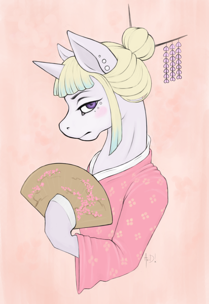 Size: 1642x2389 | Tagged: safe, artist:adaacid, artist:xxanemic333vampirexx, derpibooru import, oc, oc:punky heart, pony, unicorn, blonde, blushing, cherry blossoms, fan, flower, flower blossom, geisha, hair up, japanese, lavander, pink, profile, punky heart