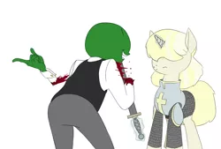 Size: 1280x865 | Tagged: semi-grimdark, artist:anontheanon, derpibooru import, oc, oc:anon, oc:knight pone, unofficial characters only, human, pony, unicorn, abusive pony, anonabuse, armor, blood, breastplate, chainmail, clothes, dialogue, dismemberment, freckles, knight, magic, no boop, open mouth, pants, shirt, smiling, sword, telekinesis, this ended in pain, vest, weapon