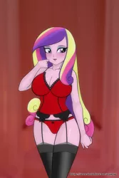 Size: 2000x3000 | Tagged: suggestive, artist:chuyryu, derpibooru import, princess cadance, equestria girls, breasts, busty princess cadance, cleavage, clothes, dean cadance, garter belt, garters, lingerie, panties, socks, stockings, stupid sexy princess cadance, thigh highs, underwear