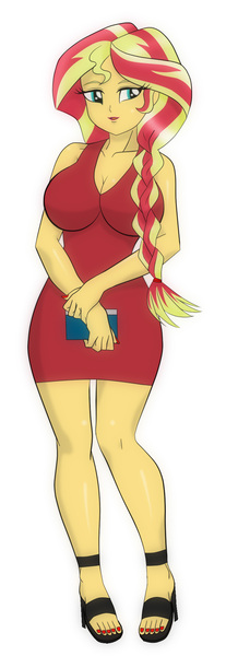 Size: 1091x3000 | Tagged: safe, artist:chuyryu, derpibooru import, oc, oc:sunrise shimmer, equestria girls, clothes, female, high heels, lipstick, nail polish, red dress, shoes, simple background, solo, white background