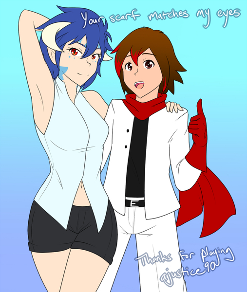 Size: 1280x1515 | Tagged: arm behind head, armpits, artist:jonfawkes, clothes, derpibooru import, hand on shoulder, horn, horned humanization, human, humanized, looking at you, oc, princess ember, safe, scarf, series:nightmare war, smiling, thumbs up