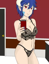 Size: 1280x1656 | Tagged: artist:moonred4000, black underwear, bra, breasts, clothes, derpibooru import, horn, horned humanization, human, humanized, lingerie, looking at you, nail polish, panties, princess ember, selfie, series:nightmare war, suggestive, underwear