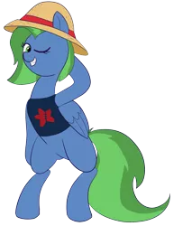 Size: 1345x1749 | Tagged: safe, artist:feralroku, derpibooru import, oc, oc:sky cleaner, unofficial characters only, pegasus, pony, 2019 community collab, derpibooru community collaboration, bipedal, clothes, folded wings, hat, one eye closed, shirt, simple background, smiling, solo, straw hat, t-shirt, transparent background, wings, wink