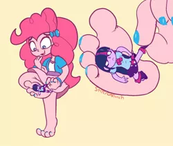 Size: 1280x1086 | Tagged: suggestive, artist:steeromunch, derpibooru import, pinkie pie, twilight sparkle, equestria girls, barefoot, commission, duo, duo female, feet, female, fetish, fingernails, foot fetish, giantess, macro, micro, nail polish, oops, peel off, simple background, smiling, squish, standing, standing on one leg, stomp, tiptoe, toenail polish, underfoot, wide eyes, yellow background