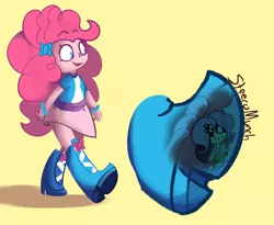 Size: 1280x1048 | Tagged: suggestive, artist:steeromunch, derpibooru import, fluttershy, pinkie pie, equestria girls, boots, clothes, commission, duo, duo female, feet, female, fetish, foot fetish, giantess, image, jpeg, macro, micro, shoes, simple background, smiling, squish, squished, transparent, trapped, trapped in shoe, underfoot, walking, yellow background