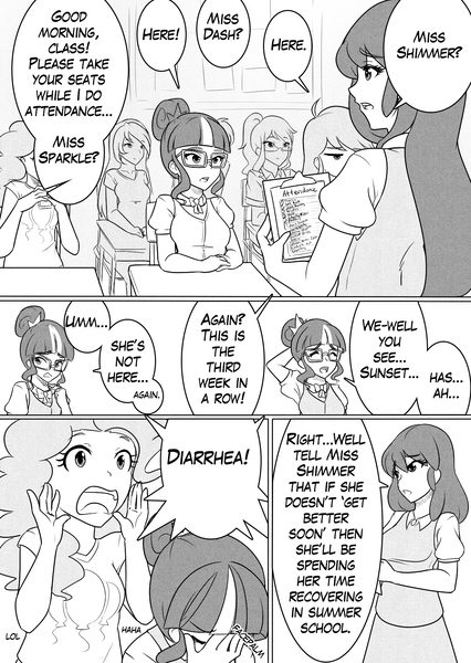 Size: 1280x1802 | Tagged: safe, artist:jonfawkes, derpibooru import, cheerilee, pinkie pie, rainbow dash, sci-twi, twilight sparkle, oc, human, series:nightmare war, equestria girls, comic, dialogue, facepalm, humanized, monochrome