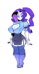 Size: 540x1023 | Tagged: artist:bigdad, big breasts, boob window, bracelet, breasts, busty rarity, cleavage, clothes, derpibooru import, female, garter belt, high heels, horn, horned humanization, huge breasts, human, humanized, jewelry, rarity, shoes, simple background, socks, suggestive, thigh highs, white background