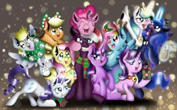 Size: 1280x800 | Tagged: safe, artist:valemjj, derpibooru import, angel bunny, applejack, derpy hooves, fluttershy, pinkie pie, princess celestia, princess luna, rainbow dash, rarity, starlight glimmer, tempest shadow, twilight sparkle, twilight sparkle (alicorn), alicorn, pony, bell, bell collar, christmas, clothes, collar, drunk, drunk luna, drunklestia, female, forced grin, group, holiday, holly, holly mistaken for mistletoe, lesbian, scarf, shipping, tempestlight, tongue out, xmas2018