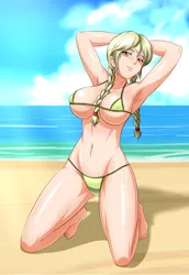 Size: 1100x1600 | Tagged: adorasexy, arm behind head, armpits, artist:zantyarz, beach, bikini, braid, breasts, busty young granny smith, clothes, commission, cute, derpibooru import, female, granny smith, human, humanized, milf, sexy, smiling, solo, solo female, suggestive, swimsuit, younger, young granny smith