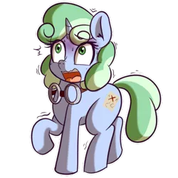Size: 512x512 | Tagged: safe, artist:anibaruthecat, derpibooru import, oc, oc:sweetwater, unofficial characters only, pony, unicorn, expression, female, filly, goggles, scared, simple background, sticker, transparent background