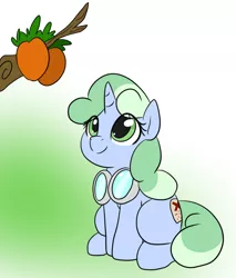 Size: 880x1034 | Tagged: safe, artist:dudey64, derpibooru import, oc, oc:sweetwater, pony, unicorn, behaving like a cat, cute, eyes on the prize, female, filly, food, fruits, goggles, gradient background, happy, looking at something, mango, ocbetes, simple background, sitting, smiling, solo, tree branch