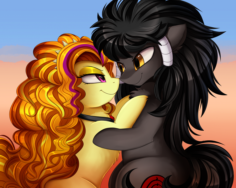 Size: 2950x2350 | Tagged: safe, artist:pridark, derpibooru import, adagio dazzle, oc, oc:midnight radiance (sixpathspony), ponified, earth pony, pony, adagiance, adagio dat-azzle, bedroom eyes, canon x oc, commission, cutie mark, equestria girls ponified, female, looking at each other, male, mare, smiling, stallion, straight