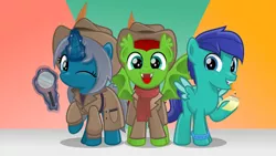 Size: 800x451 | Tagged: safe, artist:jhayarr23, derpibooru import, oc, oc:blue moon, oc:kirby, oc:magnifying glass, unofficial characters only, bat pony, pegasus, pony, unicorn, bat pony oc, bat wings, bracelet, clothes, colt, cute, detective, female, filly, glowing horn, happy, hat, horn, jewelry, looking at you, magic, magnifying glass, male, notepad, one eye closed, pencil, raised hoof, scarf, simple background, smiling, telekinesis, trio, vector, wings, wink