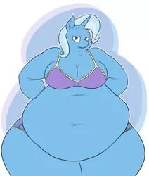 Size: 1100x1300 | Tagged: suggestive, artist:irateliterate, derpibooru import, trixie, anthro, unicorn, arm behind back, bbw, belly, belly button, big belly, breasts, busty trixie, fat, female, looking at you, mare, smiling, the great and bountiful trixie, thighs, thunder thighs