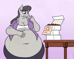 Size: 1250x1000 | Tagged: safe, artist:irateliterate, derpibooru import, octavia melody, anthro, earth pony, belly, belly button, big belly, breasts, donut, fat, fatavia, female, food, gritted teeth, hand on belly, implied vinyl scratch, mare, morbidly obese, note, obese, raised hand, temptation, wide hips