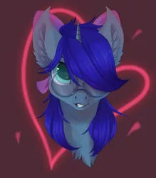 Size: 1686x1922 | Tagged: safe, artist:rokufuro, derpibooru import, oc, oc:save state, unofficial characters only, pony, unicorn, blue hair, blue mane, bust, commission, digital art, ear fluff, female, glasses, hair over one eye, heart, looking at you, mare, portrait, smiling, ych result