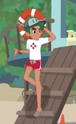 Size: 230x373 | Tagged: safe, derpibooru import, screencap, timber spruce, equestria girls, equestria girls series, turf war, arm behind head, arms, clothes, feet, legs, lifeguard timber, male, sandals, shorts