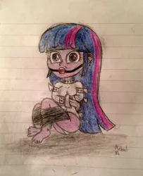 Size: 2233x2745 | Tagged: suggestive, artist:michaelmaddox222, deleted from derpibooru, derpibooru import, twilight sparkle, human, equestria girls, barefoot, bondage, breasts, colored, feet, female, gag, helpless, knee tied, lined paper, looking at you, ring gag, rope, rope bondage, signature, solo, straitjacket