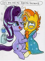 Size: 3391x4669 | Tagged: safe, artist:stewart501st, derpibooru import, starlight glimmer, sunburst, pony, unicorn, dialogue, drunk, drunk bubbles, drunker glimmer, drunklight glimmer, eggnog, eyeroll, glowing horn, horn, one eye closed, open mouth, personal space invasion, speech bubble, traditional art