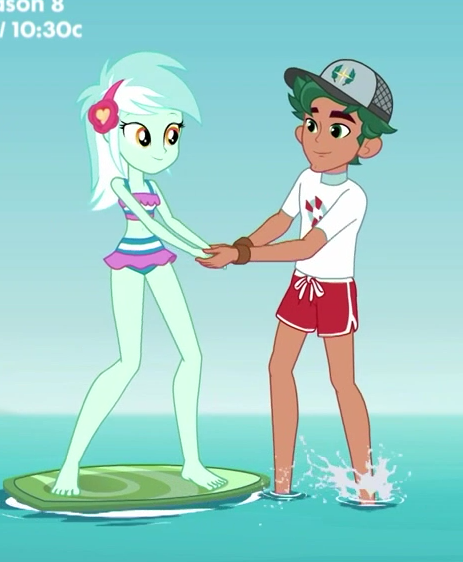 Size: 463x562 | Tagged: safe, derpibooru import, screencap, lyra heartstrings, timber spruce, equestria girls, equestria girls series, turf war, barefoot, cap, clothes, cropped, feet, female, hat, legs, lifeguard timber, male, shipping fuel, sleeveless, smiling, swimsuit