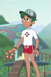 Size: 357x536 | Tagged: safe, derpibooru import, screencap, timber spruce, equestria girls, equestria girls series, turf war, arms, cap, clothes, cropped, hat, legs, lifeguard timber, male, shorts, solo