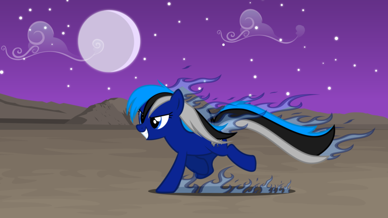 Size: 5679x3194 | Tagged: safe, artist:tsabak, derpibooru import, oc, oc:blue flame, earth pony, pony, female, fire, mare, night, running, solo, vector