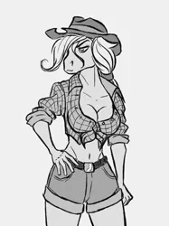 Size: 1280x1710 | Tagged: suggestive, artist:akweer, derpibooru import, applejack, anthro, earth pony, belly button, belt, breasts, busty applejack, cleavage, clothes, female, front knot midriff, hand on hip, hoers, midriff, monochrome, shorts, sketch, solo