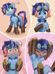 Size: 2901x3921 | Tagged: safe, artist:aphphphphp, derpibooru import, oc, oc:ryo, unofficial characters only, pony, unicorn, armpits, belt, blushing, boop, boots, clothes, comic, cursor, cute, digital art, female, goggles, high res, mare, shoes, solo