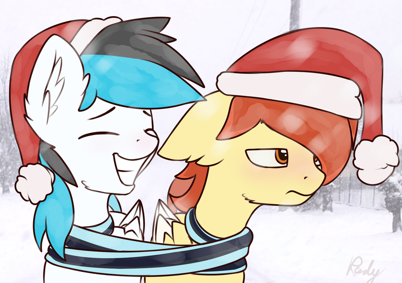 Size: 2348x1655 | Tagged: safe, artist:renderpoint, derpibooru import, oc, oc:render point, oc:turquoise splash, pony, christmas, clothes, duo, hat, holiday, santa hat, scarf, shared clothing, shared scarf, snow