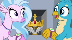 Size: 1280x720 | Tagged: safe, derpibooru import, screencap, gallus, silverstream, classical hippogriff, gryphon, hippogriff, a matter of principals, checkmate, crown, crown of grover, cute, diastreamies, duo, female, gallabetes, jewelry, male, necklace, regalia