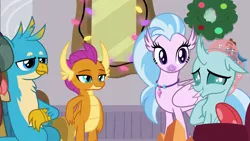 Size: 1280x720 | Tagged: safe, derpibooru import, screencap, gallus, ocellus, silverstream, smolder, yona, changedling, changeling, dragon, gryphon, hippogriff, yak, the hearth's warming club, cute, diaocelles, diastreamies, dragoness, embarrassed, female, gallabetes, male, smolderbetes