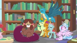 Size: 1280x720 | Tagged: safe, derpibooru import, screencap, gallus, ocellus, sandbar, silverstream, smolder, yona, changedling, changeling, classical hippogriff, dragon, earth pony, gryphon, hippogriff, pony, yak, what lies beneath, book, bookshelf, bow, claws, cloven hooves, colored hooves, dragoness, eyes closed, female, hair bow, jewelry, laughing, male, monkey swings, necklace, student six, teenager