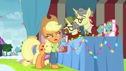 Size: 1280x720 | Tagged: safe, derpibooru import, screencap, applejack, flam, flim, fluttershy, holly the hearths warmer doll, pony, best gift ever, flim flam brothers