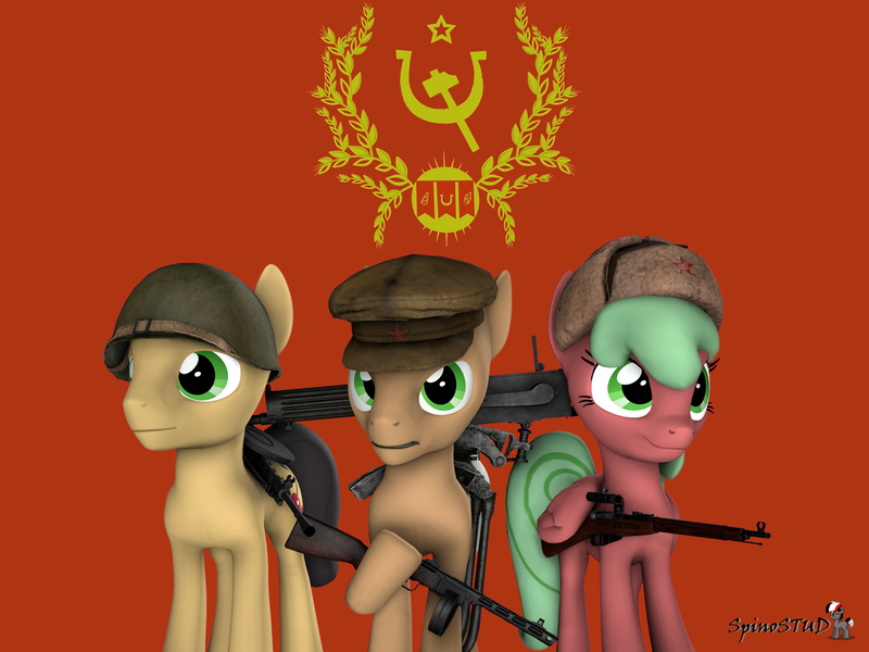 Size: 1600x1200 | Tagged: safe, artist:spinostud, derpibooru import, pony, 3d, communism, degtyaryov dp-28, female, group, gun, hammer and sickle, hat, hearts of iron 4, heavy machine gun, helmet, male, mare, mosin nagant, peaked cap, ppsh-41, rifle, sniper rifle, soldier, source filmmaker, soviet, stallion, stalliongrad, submachinegun, ushanka, weapon