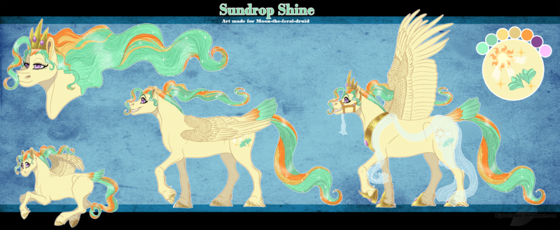 Size: 2240x921 | Tagged: safe, artist:bijutsuyoukai, derpibooru import, oc, oc:sundrop shine, pegasus, pony, crown, ethereal mane, female, hoof shoes, jewelry, magical lesbian spawn, mare, offspring, parent:princess celestia, parent:sunset shimmer, parents:sunsestia, peytral, realistic horse legs, reference sheet, regalia, solo