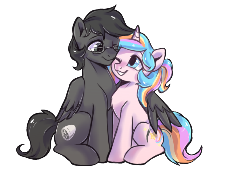 Size: 1600x1200 | Tagged: safe, artist:colorfulcolor233, derpibooru import, oc, oc:oofy colorful, unofficial characters only, pegasus, pony, unicorn, 2019 community collab, derpibooru community collaboration, chest fluff, cute, female, glasses, grin, hug, lidded eyes, male, mare, nuzzling, ocbetes, one eye closed, simple background, sitting, smiling, stallion, traditional art, transparent background, winghug, wink