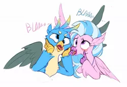 Size: 1314x897 | Tagged: safe, artist:luciferamon, derpibooru import, gallus, silverstream, classical hippogriff, gryphon, hippogriff, beanbrows, birb, cute, diastreamies, eyebrows, female, gallabetes, gallstream, jewelry, male, necklace, shipping, silly, simple background, straight, white background