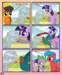 Size: 900x1080 | Tagged: safe, artist:lister-of-smeg, derpibooru import, flash sentry, spike, twilight sparkle, twilight sparkle (alicorn), oc, oc:crosspatch, oc:lazybug, oc:nyx, oc:scavenger (lister-of-smeg), alicorn, cockatrice, earth pony, pony, comic:crystal heart attack, colt, female, kazoo, male, mare, musical instrument, petrification