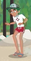 Size: 251x492 | Tagged: safe, derpibooru import, screencap, timber spruce, equestria girls, equestria girls series, turf war, cap, clothes, cropped, feet, hat, legs, lifeguard timber, male, sandals, shorts, solo