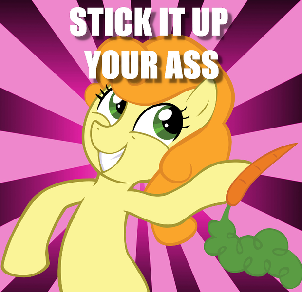 Size: 800x774 | Tagged: suggestive, derpibooru import, carrot top, golden harvest, earth pony, pony, bipedal, caption, female, grin, hoof hold, image macro, implied anal insertion, implied insertion, mare, meme, reaction image, smiling, solo, squee, sunburst background, text, vulgar