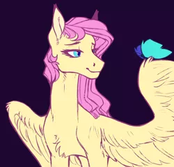 Size: 1962x1878 | Tagged: safe, artist:eeelt, derpibooru import, fluttershy, butterfly, insect, pegasus, pony, bust, butterfly wings, chest fluff, female, hoers, lidded eyes, looking at something, mare, purple background, simple background, sitting on wing, smiling, solo, spread wings, wings